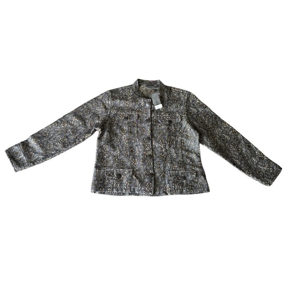 CHICO'S Nehru Jacket Blazer Beige, Gray & Brass Jacquard Floral Size 2 NWT